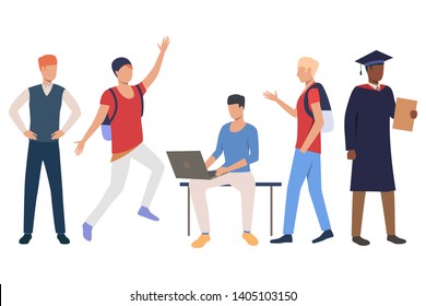 Collection of interracial students enjoying life. Bundle of ambitious students with satchels. Vector illustration can be used for educational project, article, publication