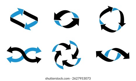 Collection of intertwined loop arrows in black and blue, symbolizing dynamic processes, motion, transformation, and interconnected systems.