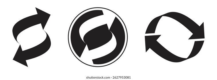 Collection of intertwined loop arrows in black and white, symbolizing dynamic processes, motion, transformation, and interconnected systems.