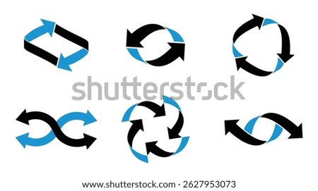 Collection of intertwined loop arrows in black and blue, symbolizing dynamic processes, motion, transformation, and interconnected systems.