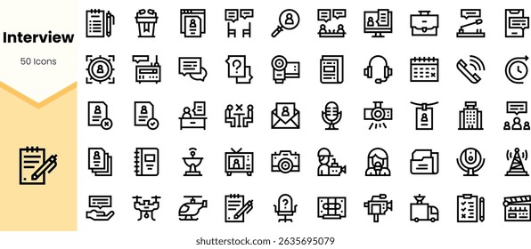 A collection of interview-related icons featuring diverse elements like microphones, documents, and people engaging in conversations, designed in a sleek, minimalist style.