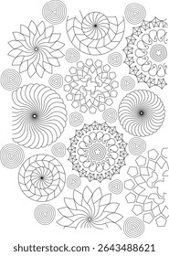 Collection of Intricate Abstract Patterns, A black and white line drawing featuring a diverse collection of intricate abstract patterns, including geometric shapes, swirls, and floral-like designs.