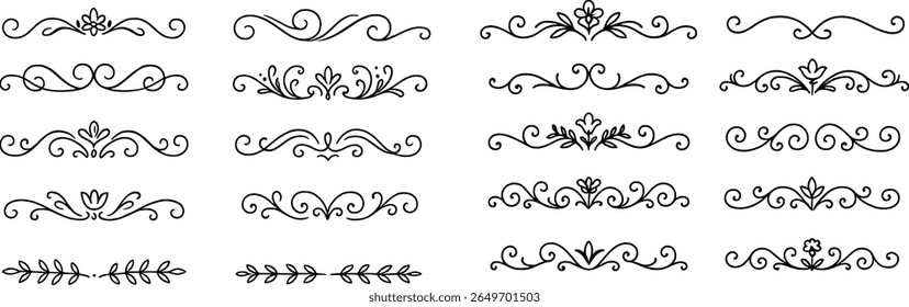 Uma coleção de bordas decorativas complexas em linha preta e motivos florais adequados para convites, cartões de saudação e tarefas de design criativo. Ideal para adicionar sofisticação.
