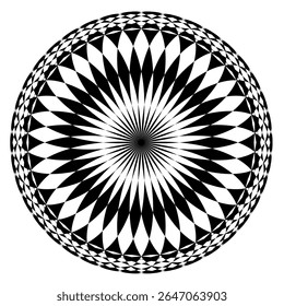 Uma coleção de intrincados padrões geométricos circulares em preto e branco, Cada design apresenta simetria radial única e formas alternadas, criando um efeito visual impressionante.