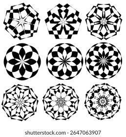 Uma coleção de intrincados padrões geométricos circulares em preto e branco, Cada design apresenta simetria radial única e formas alternadas, criando um efeito visual impressionante.