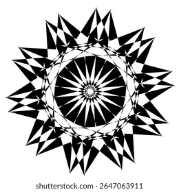 Uma coleção de intrincados padrões geométricos circulares em preto e branco, Cada design apresenta simetria radial única e formas alternadas, criando um efeito visual impressionante.