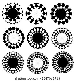 Uma coleção de intrincados padrões geométricos circulares em preto e branco, Cada design apresenta simetria radial única e formas alternadas, criando um efeito visual impressionante.