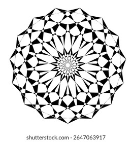 Uma coleção de intrincados padrões geométricos circulares em preto e branco, Cada design apresenta simetria radial única e formas alternadas, criando um efeito visual impressionante.