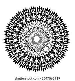 Uma coleção de intrincados padrões geométricos circulares em preto e branco, Cada design apresenta simetria radial única e formas alternadas, criando um efeito visual impressionante.