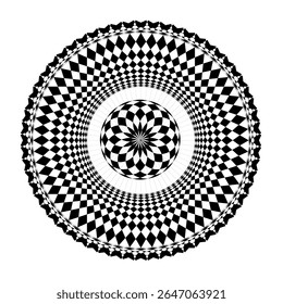 Uma coleção de intrincados padrões geométricos circulares em preto e branco, Cada design apresenta simetria radial única e formas alternadas, criando um efeito visual impressionante.