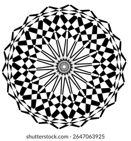 Uma coleção de intrincados padrões geométricos circulares em preto e branco, Cada design apresenta simetria radial única e formas alternadas, criando um efeito visual impressionante.