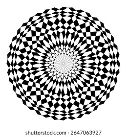 Uma coleção de intrincados padrões geométricos circulares em preto e branco, Cada design apresenta simetria radial única e formas alternadas, criando um efeito visual impressionante.
