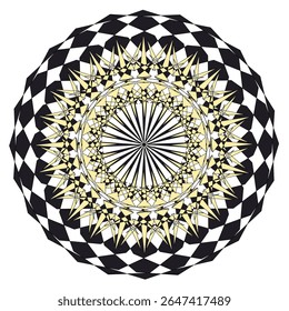 Uma coleção de intrincados padrões geométricos circulares em preto e branco, Cada design apresenta simetria radial única e formas alternadas, criando um efeito visual impressionante.