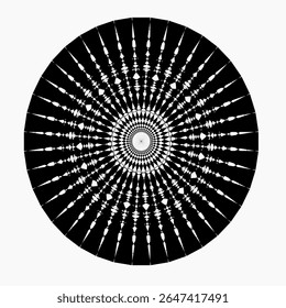 Uma coleção de intrincados padrões geométricos circulares em preto e branco, Cada design apresenta simetria radial única e formas alternadas, criando um efeito visual impressionante.