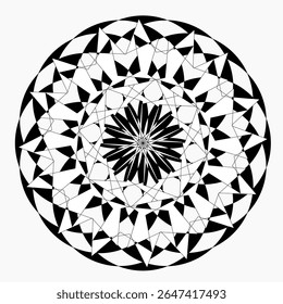 Uma coleção de intrincados padrões geométricos circulares em preto e branco, Cada design apresenta simetria radial única e formas alternadas, criando um efeito visual impressionante.