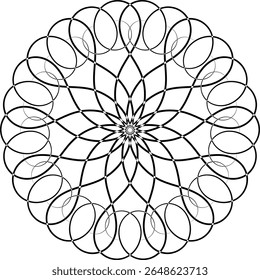 Uma coleção de intrincados padrões geométricos circulares em preto e branco, Cada design apresenta simetria radial única e formas alternadas, criando um efeito visual impressionante.