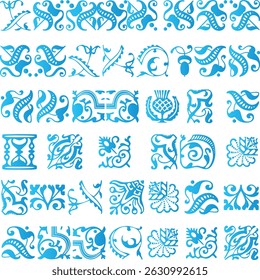 Collection of intricate blue floral and ornamental decorative design elements for various projects