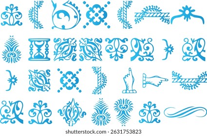 Collection of intricate blue ornamental vector elements perfect for decorative design projects