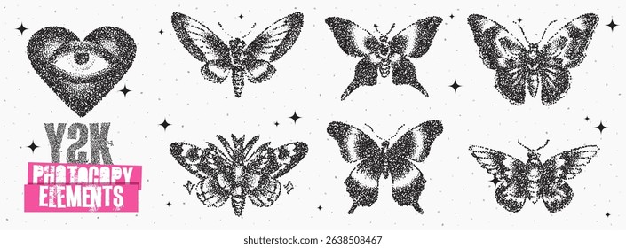 A collection of intricate butterfly illustrations paired with a heart and eye graphic, embracing a Y2K aesthetic. This design highlights vintage charm and creativity.