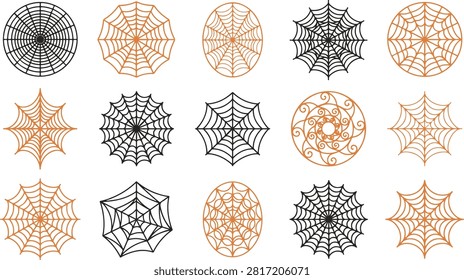 A collection of intricate circular mandala designs featuring geometric patterns and spider web motifs in black and orange ink