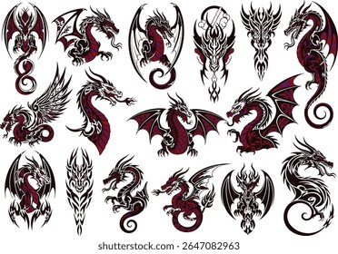 The collection of intricate dragon tattoo designs showcases a collection of mystical creatures in dynamic poses, showcasing a variety of artistic styles and interpretations for body art inspiration.