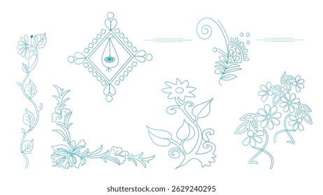 A collection of intricate floral and decorative elements, presented in a light teal outline against a plain white background.