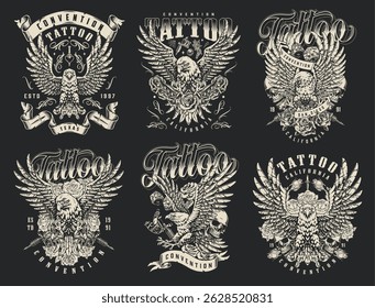 Uma coleção de intrincados designs de convenções de tatuagem mostrando ilustrações detalhadas de águia e tipografia vintage. A arte enfatiza o artesanato para os entusiastas da tatuagem.