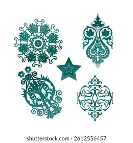 A collection of intricate, teal-colored decorative elements, perfect for graphic design projects, including patterns, backgrounds, and embellishments.