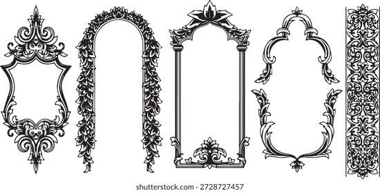 A collection of intricate vintage frames and decorative elements, featuring various shapes and detailed scrollwork, ideal for elegant design projects.