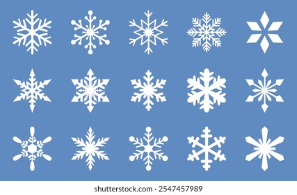 Kollektion von aufwändigen weißen Schneeflocken-Designs auf blauem Hintergrund. Jede Schneeflocke verfügt über einzigartige, symmetrische Muster, perfekt für Projekte zum Thema Winter, Dekorationen und Urlaubsgrafiken.