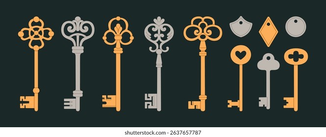 Collection of intricately designed antique keys. Ideal for interior design concepts, event invitations, logo creations, travel brochures, treasure hunt games etc. Vector illustration.