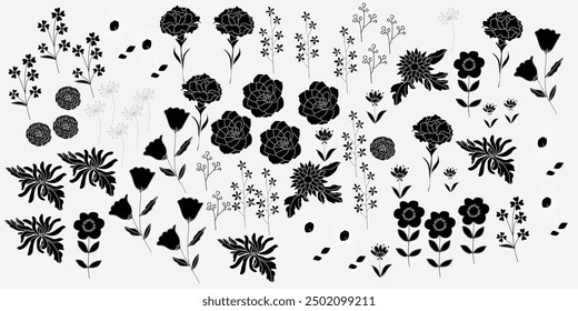 A collection of intricately designed black floral illustrations for various design projects and purposes