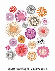 A collection of intricately designed, vibrant floral patterns in red, pink, peach, and black, showcasing diverse styles and textures.