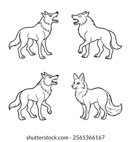 A collection of intricately drawn wolf and fox line art illustrations, perfect for design projects,. These minimalistic animal sketches capture the elegance a unique artistic style.