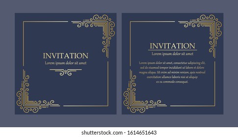 Collection of invitation card for wedding or luxury products. Made with golden decoration on black background.