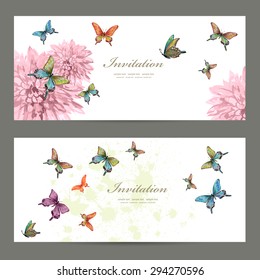 collection invitation cards with butterflies. watercolor painting. vector illustration