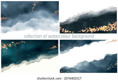collection of invitation frames with blue watercolor texture and gold dots