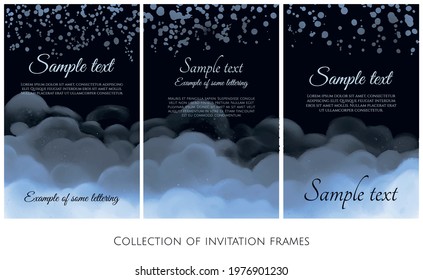 collection of invitation frames with blue watercolour texture on bottom and dots on top, black background