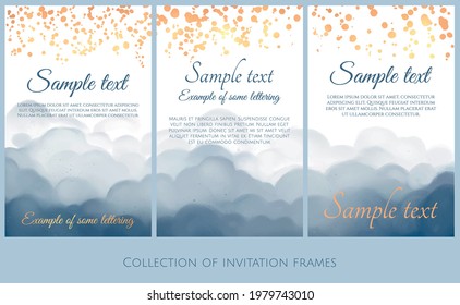 colección de marcos de invitación con textura de color azul en los puntos inferior y dorado en la parte superior