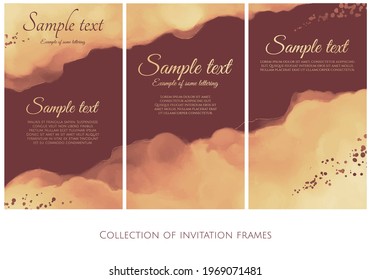 collection of invitation frames with yellow watercolour texture and dark red dots with dark red background