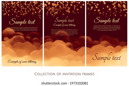 collection of invitation frames with yellow watercolour texture on bottom and dots on top, dark red background