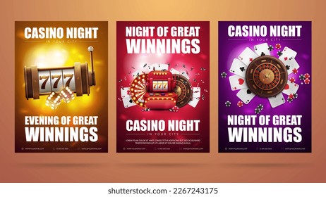 Collection of invitation posters with casino elements. Posters with slot machine, roulette wheel, playing cards, wheel of fortune and poker chips