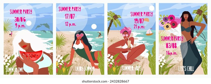 Collection of invitation templates or posters, with summer seascape, panorama, with stylish girls, women for summer outdoor dance party. Vector illustration for advertising summer event.