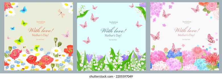 Collection of invites with flowers. Blooming field with poppies, daisies, ladybug and flying butterflies, bee, dragonfly. Mother day in a blossom frame with Lily of the valley. A card with hydrangea