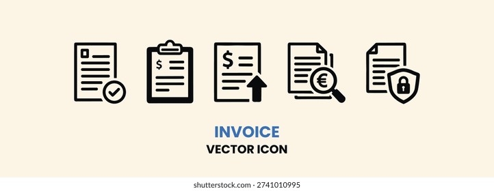 Collection of invoice icons representing billing, payment, security, and financial document processing systems