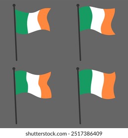 Collection of Ireland Flags Waving on Flagpoles. Flat Cartoon Style, Isolated on White Background, Editable or Scalable Vector EPS Illustration for Graphic Design Elements or Print