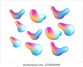 Collection of iridescent blob shapes with smooth gradient texture and organic forms designed for modern abstract backgrounds futuristic branding creative posters digital art and contemporary visual design compositions
