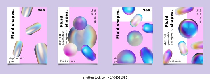 Collection of iridescent holographic neon multicolor posters with 3d rainbow oily shapes. Set of covers for music or science event.
