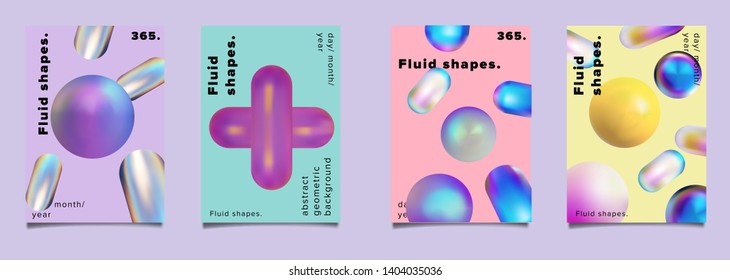 Collection of iridescent holographic neon multicolor posters with 3d rainbow oily shapes. Set of covers in vaporwave style for music or science event.