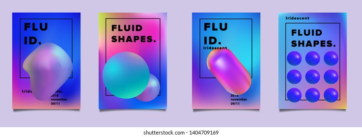 Collection of iridescent holographic neon multicolor posters with 3d rainbow oily shapes. Set of covers in vaporwave/ retrowave/ synthwave style for music or science event.